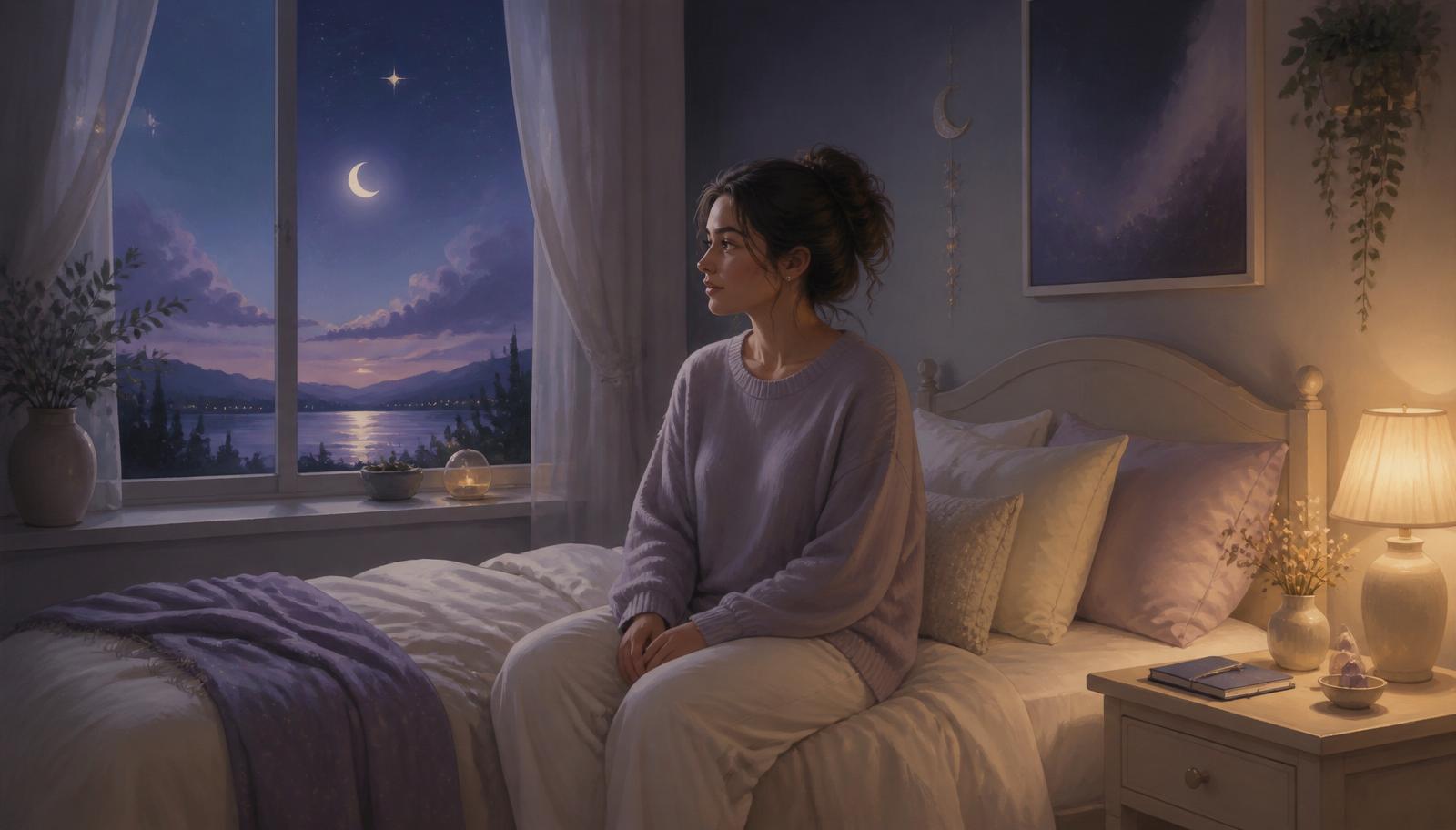 Peaceful twilight bedroom with soft moonlight and a bedside journal, representing feeling tired but wired at night.