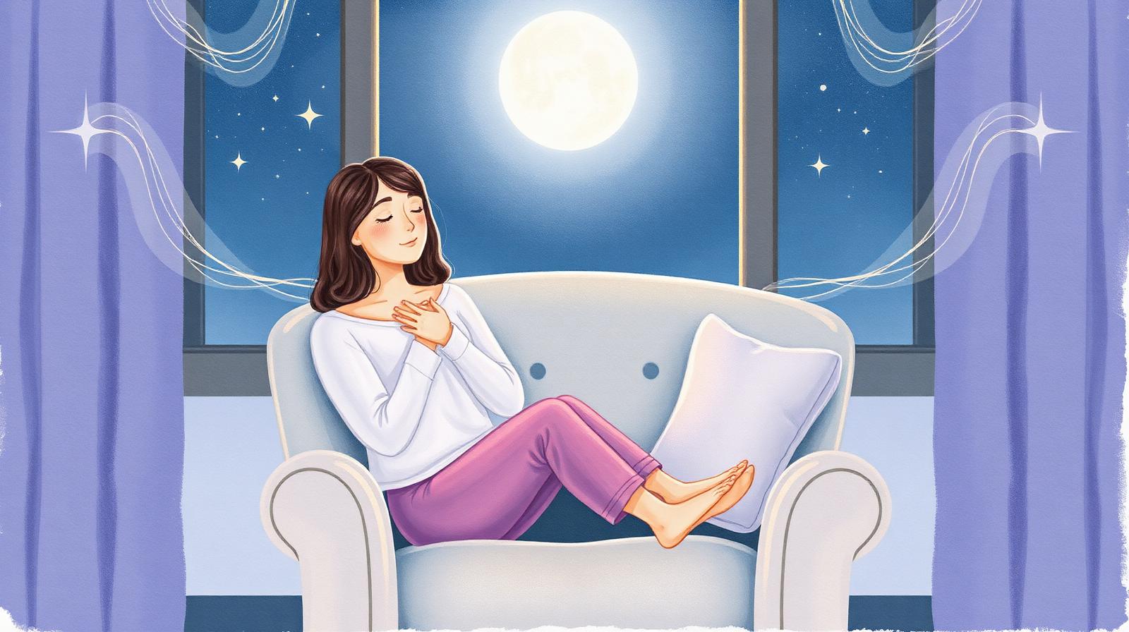 Calm woman seated in soft moonlight with gentle mirrored light waves, representing a Rapid Reset nervous system practice.